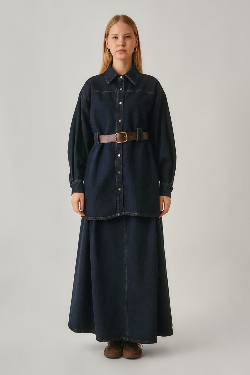 Deri Kemerli Denim Gömlek Koyu Mavi