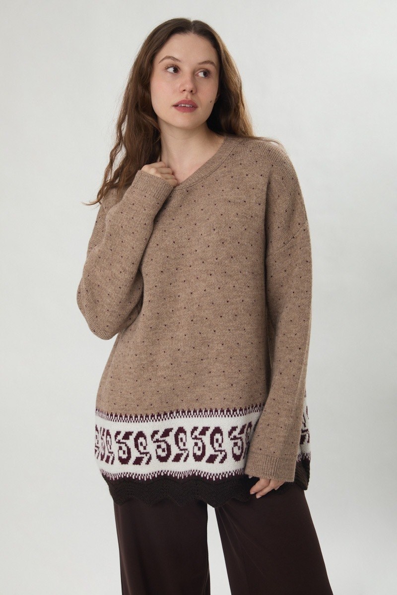 Desen Geçişli Triko Kazak Camel