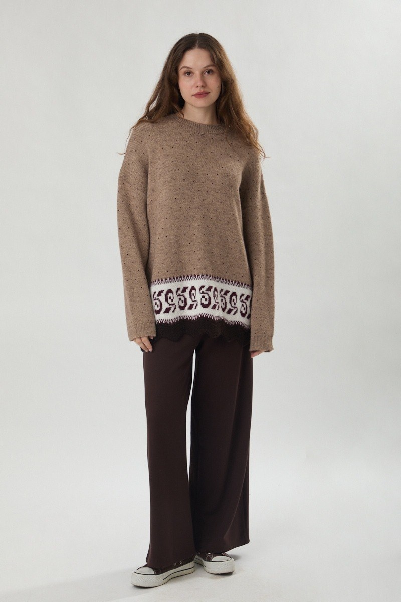 Desen Geçişli Triko Kazak Camel
