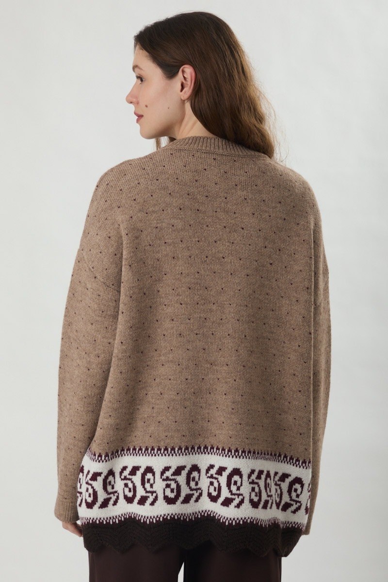 Desen Geçişli Triko Kazak Camel
