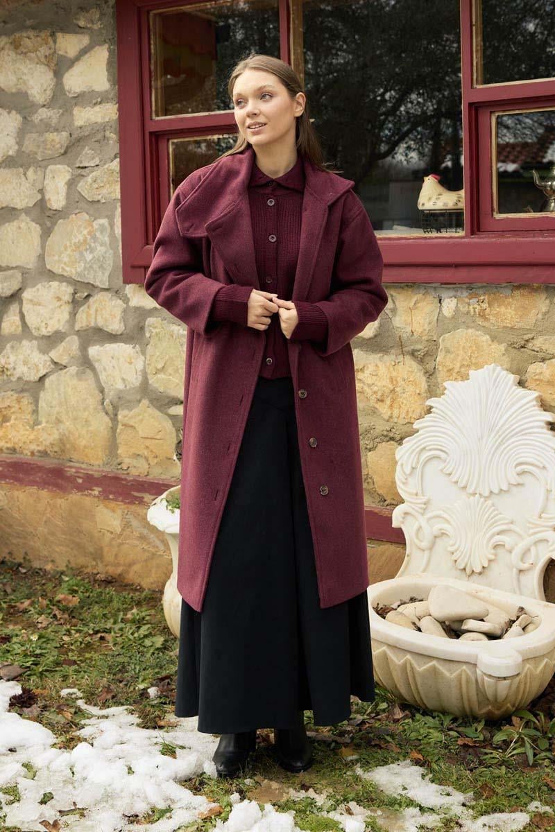 Dik Yaka Yünlü Kaban Bordo