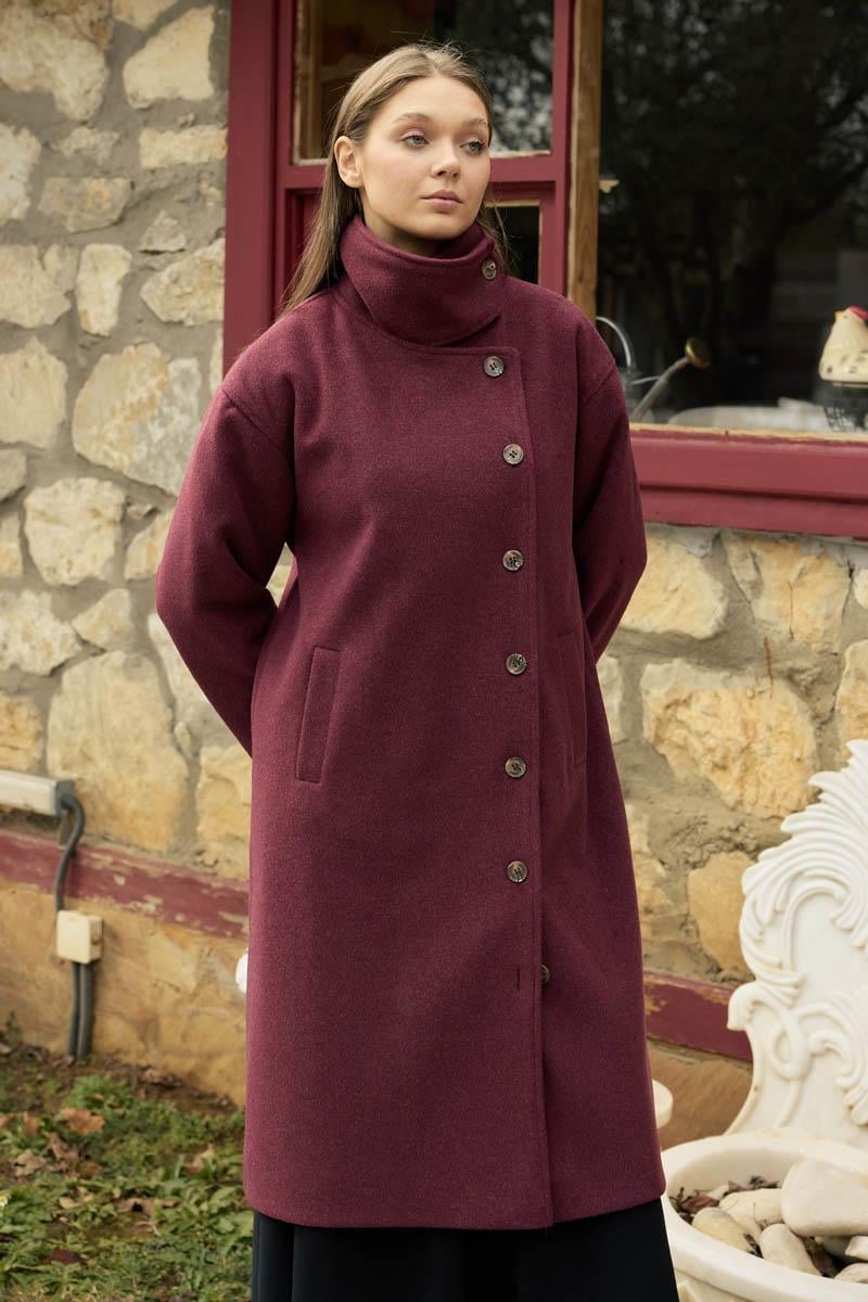 Dik Yaka Yünlü Kaban Bordo