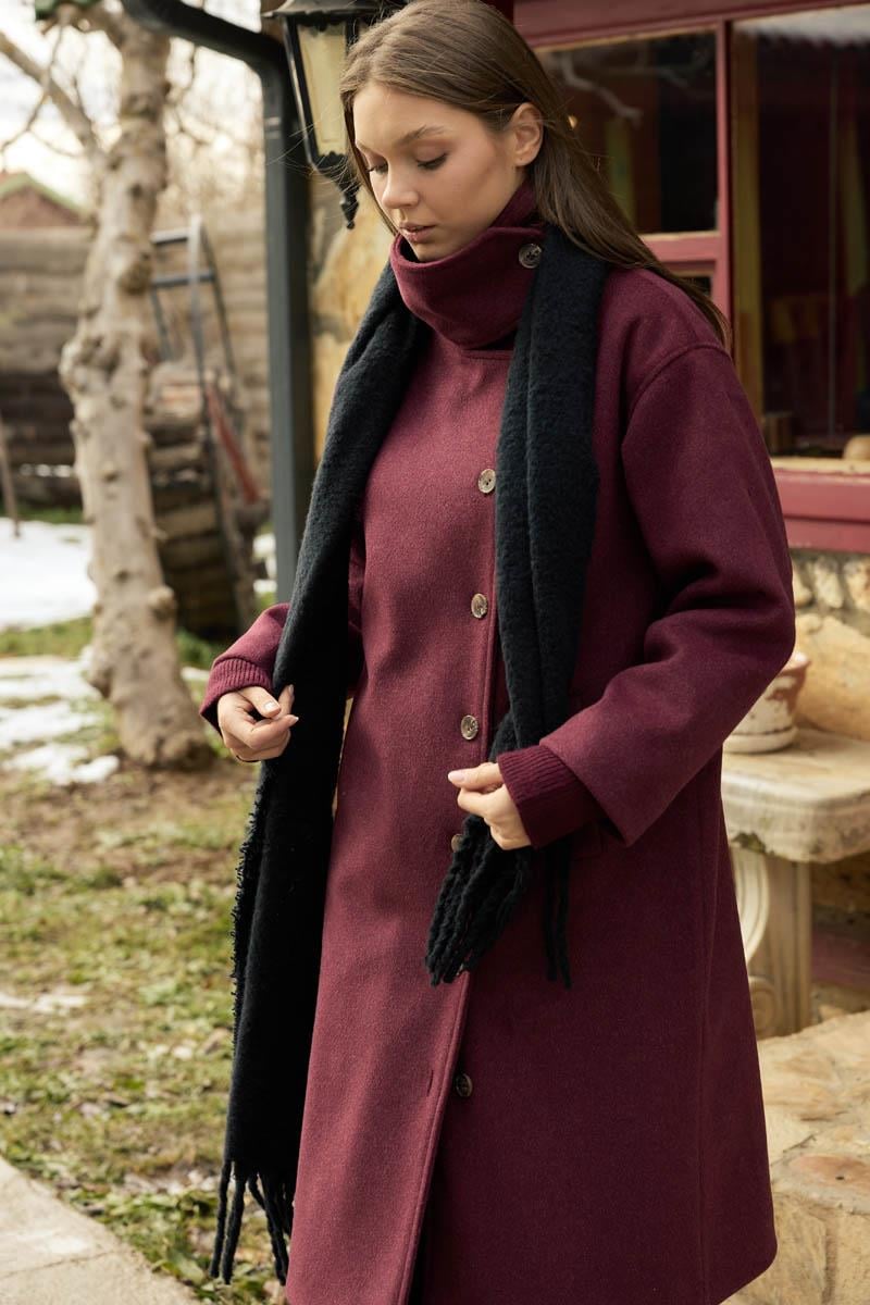 Dik Yaka Yünlü Kaban Bordo