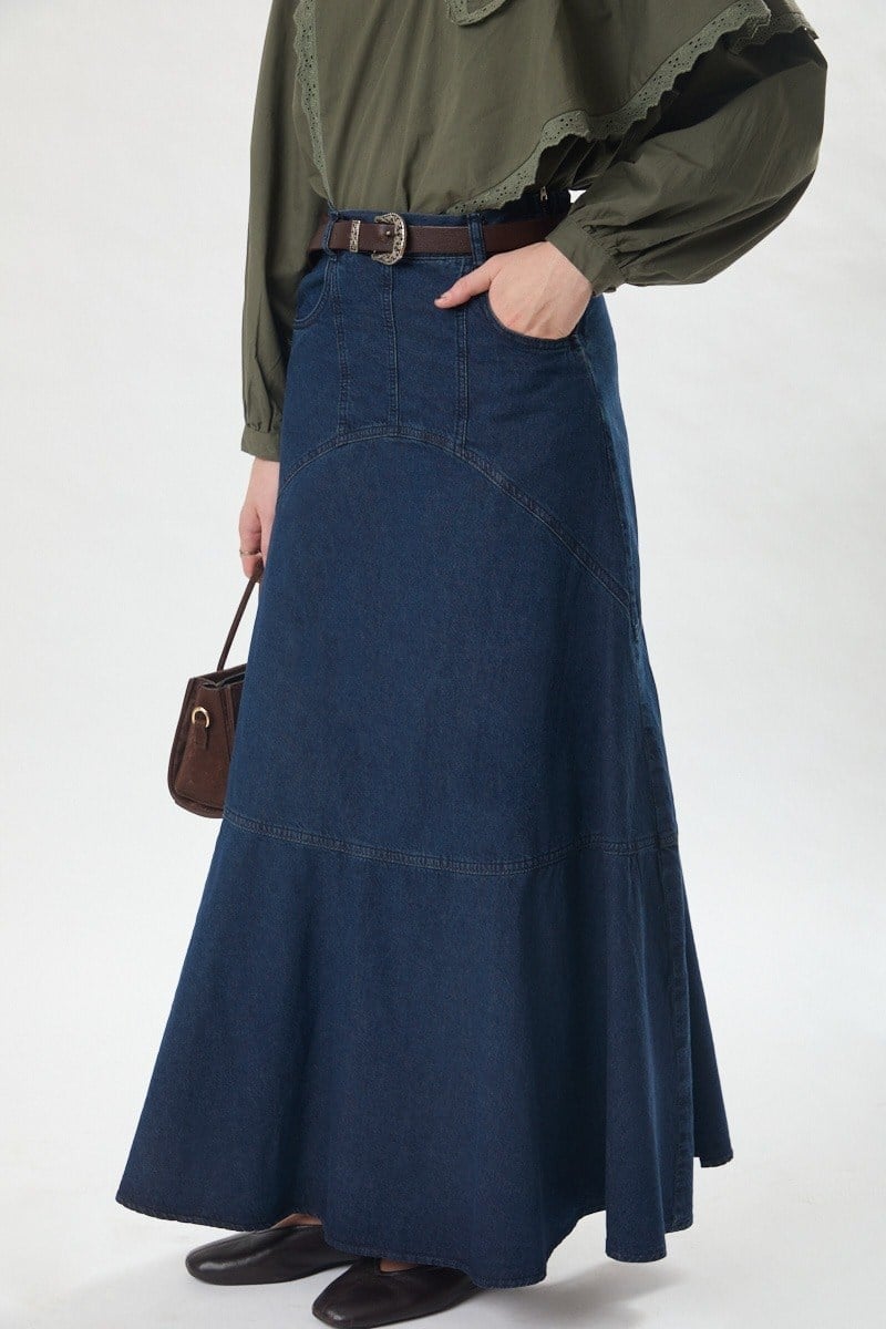 Dikiş Detaylı Denim Etek Koyu Mavi