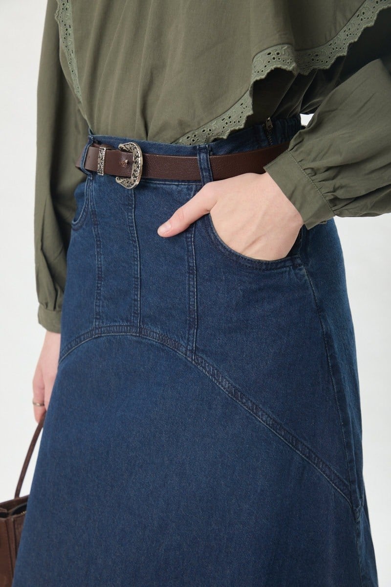Dikiş Detaylı Denim Etek Koyu Mavi