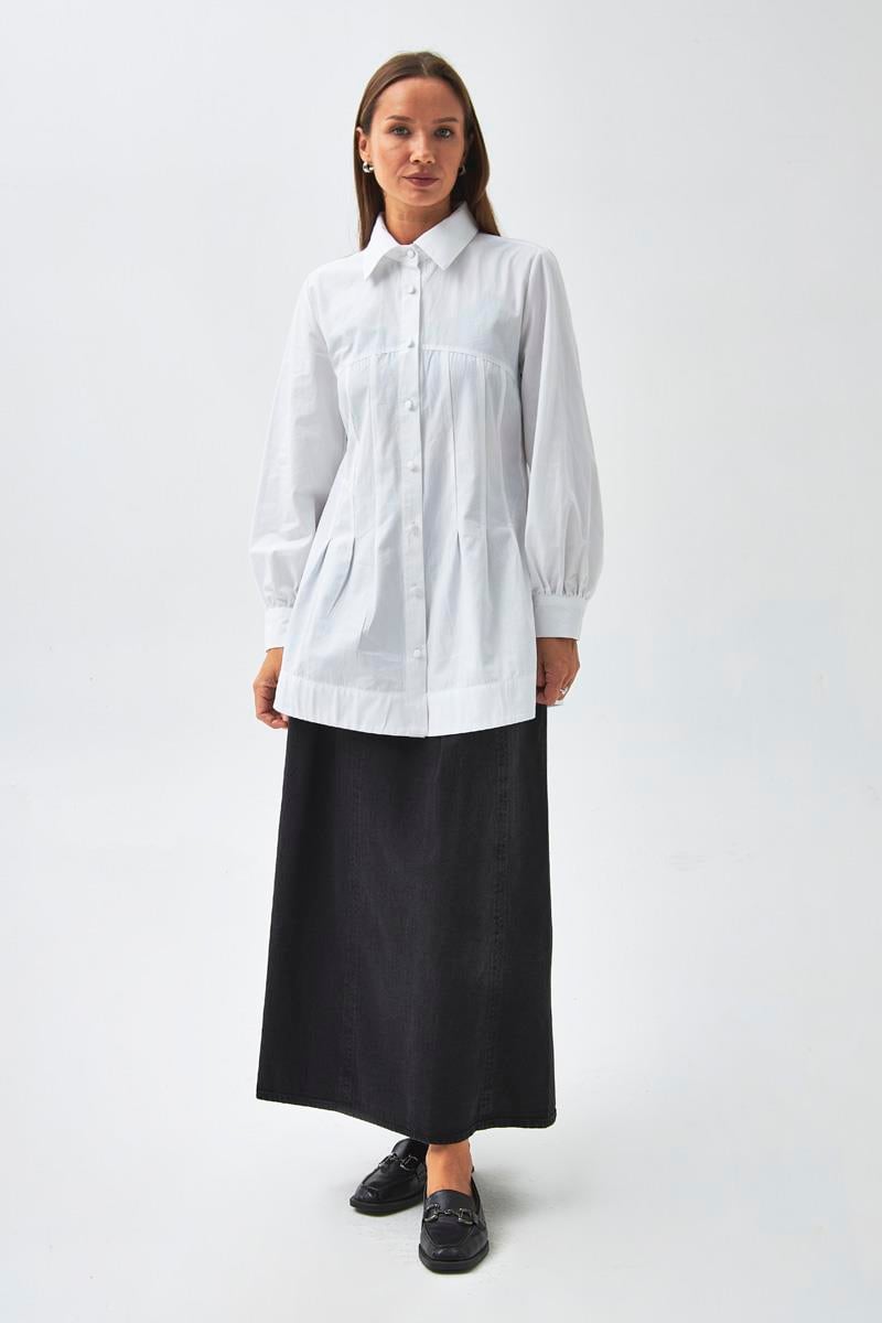 Dikiş Detaylı Robalı Gömlek Beyaz