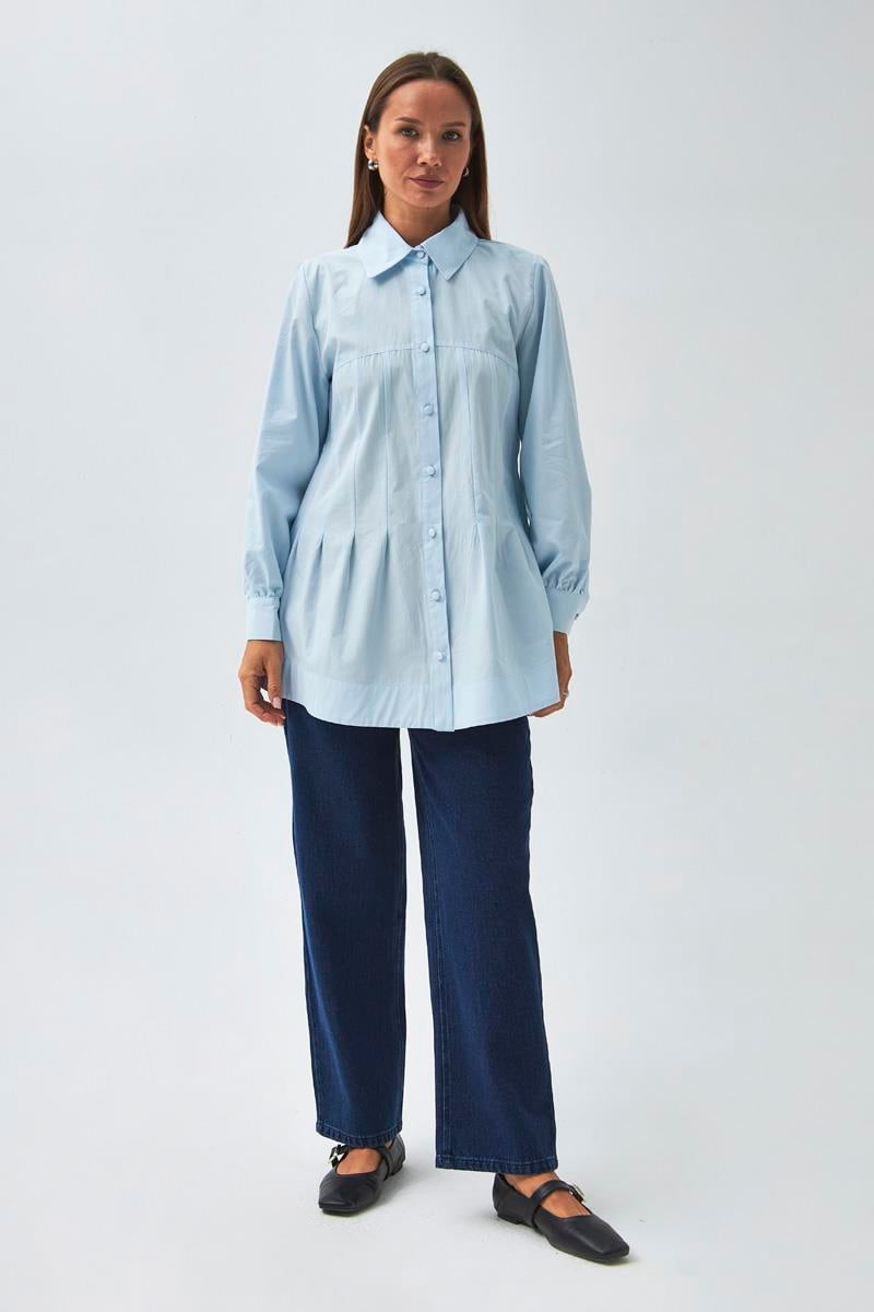 Dikiş Detaylı Robalı Gömlek Buz Mavisi