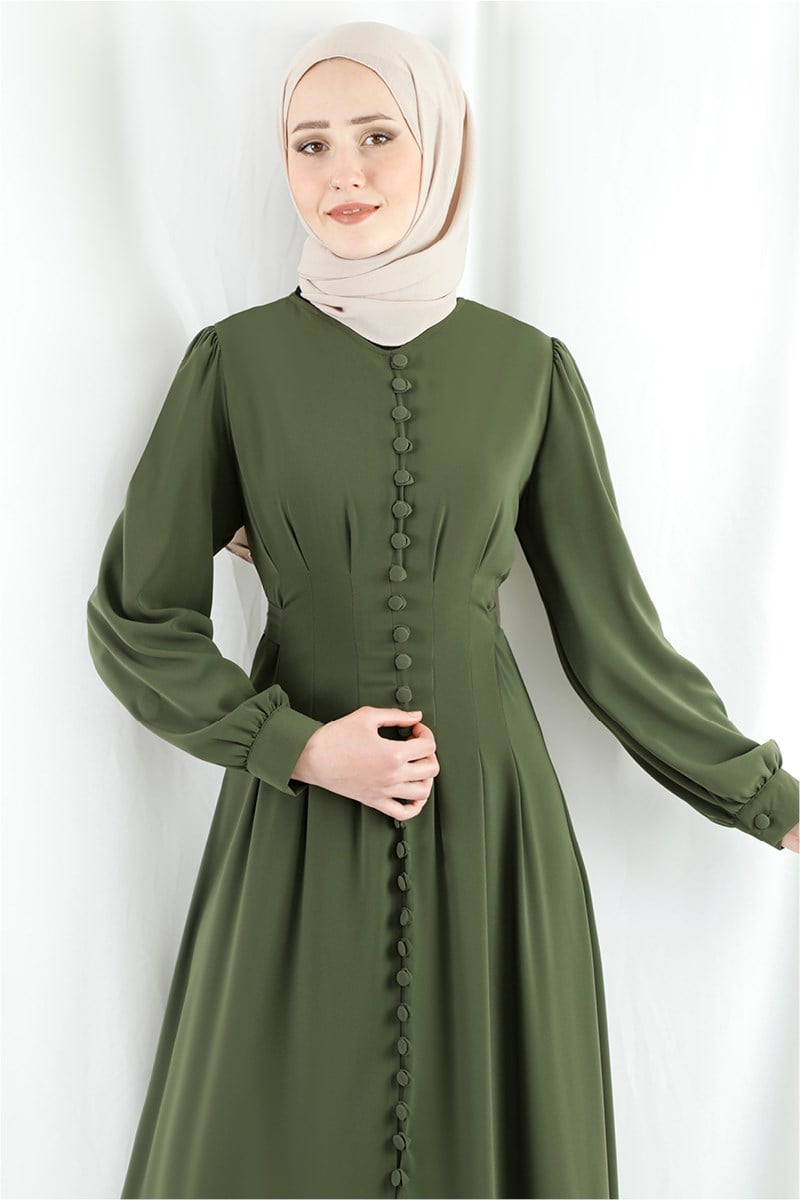 Düğme Detaylı Belden Oturtmalı Haki Ferace