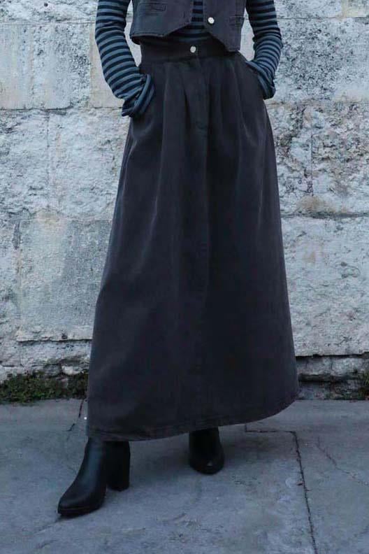 Düğmeli Denim Etek Gri