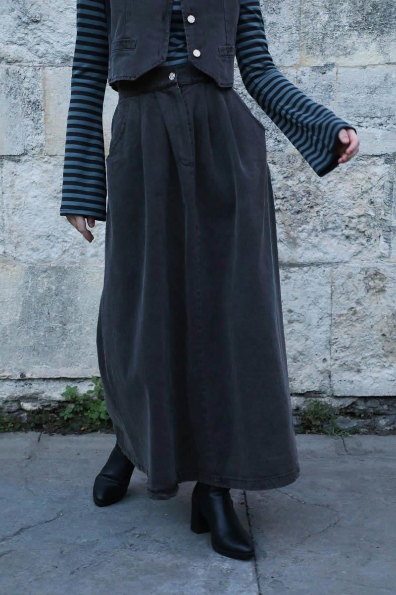 Düğmeli Denim Etek Gri