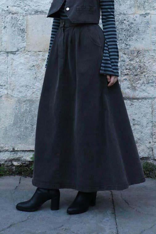 Düğmeli Denim Etek Gri