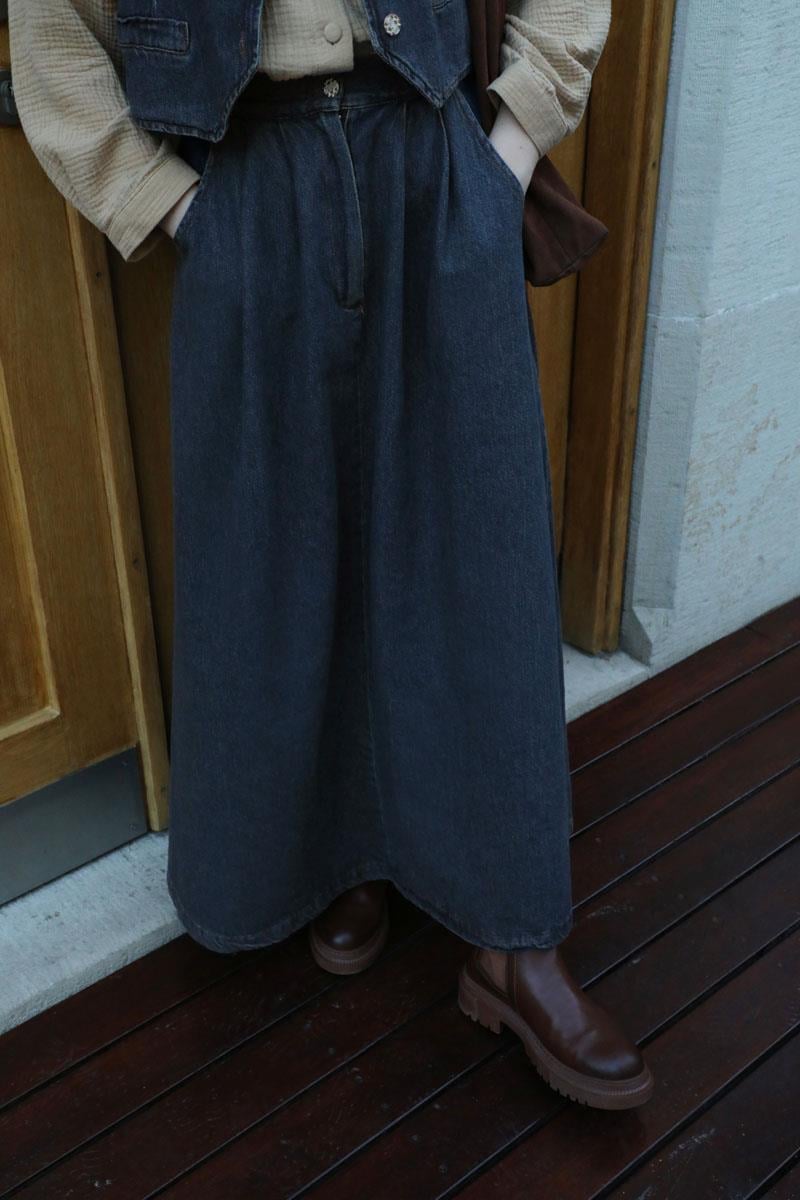 Düğmeli Denim Etek Mavi