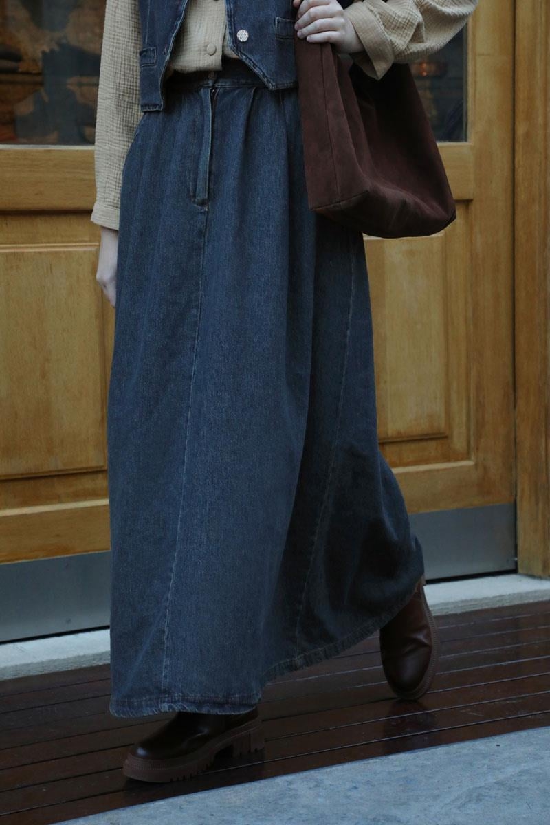 Düğmeli Denim Etek Mavi