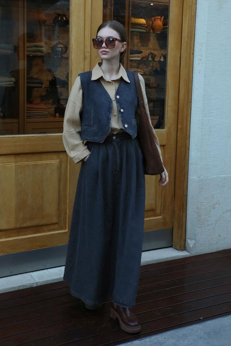 Düğmeli Denim Etek Mavi