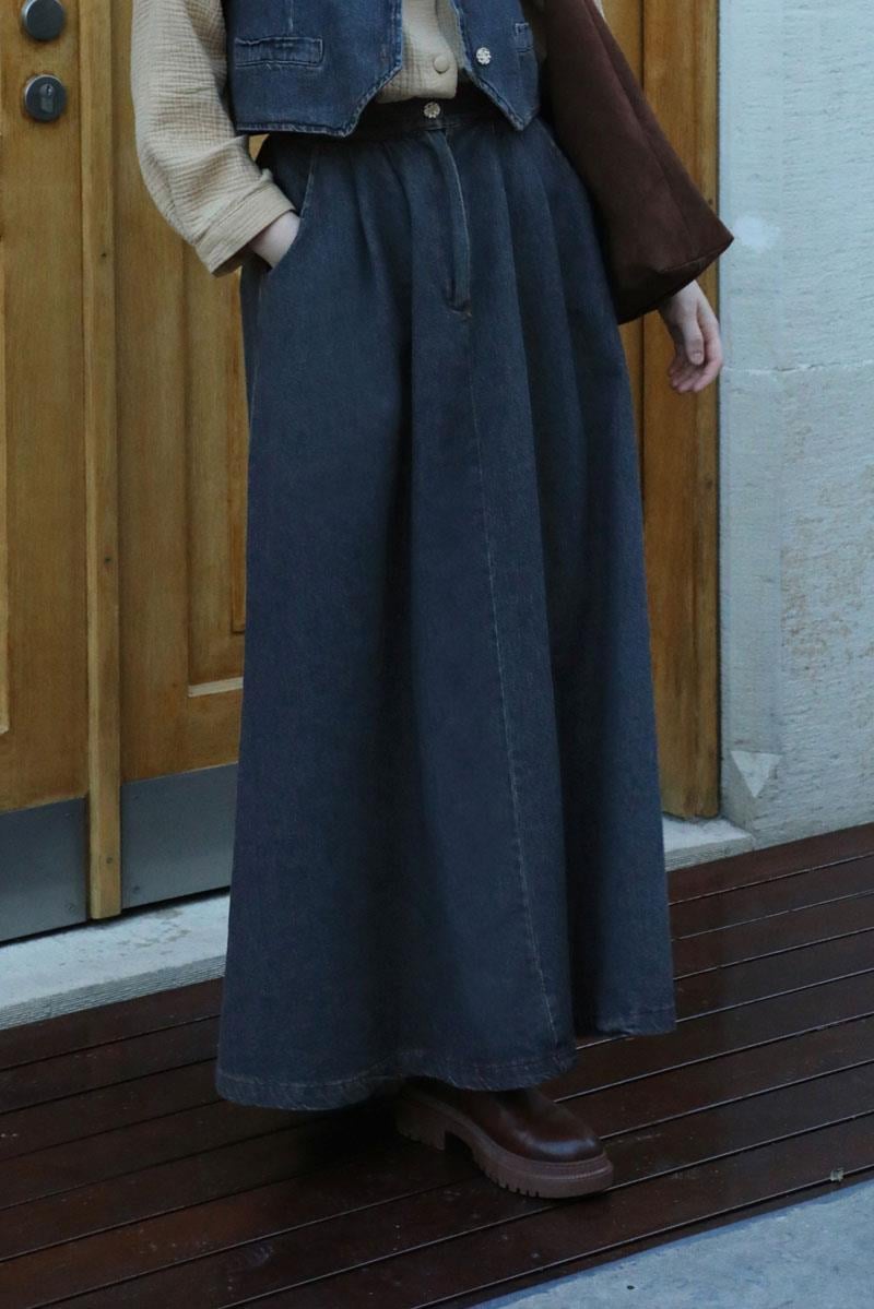 Düğmeli Denim Etek Mavi