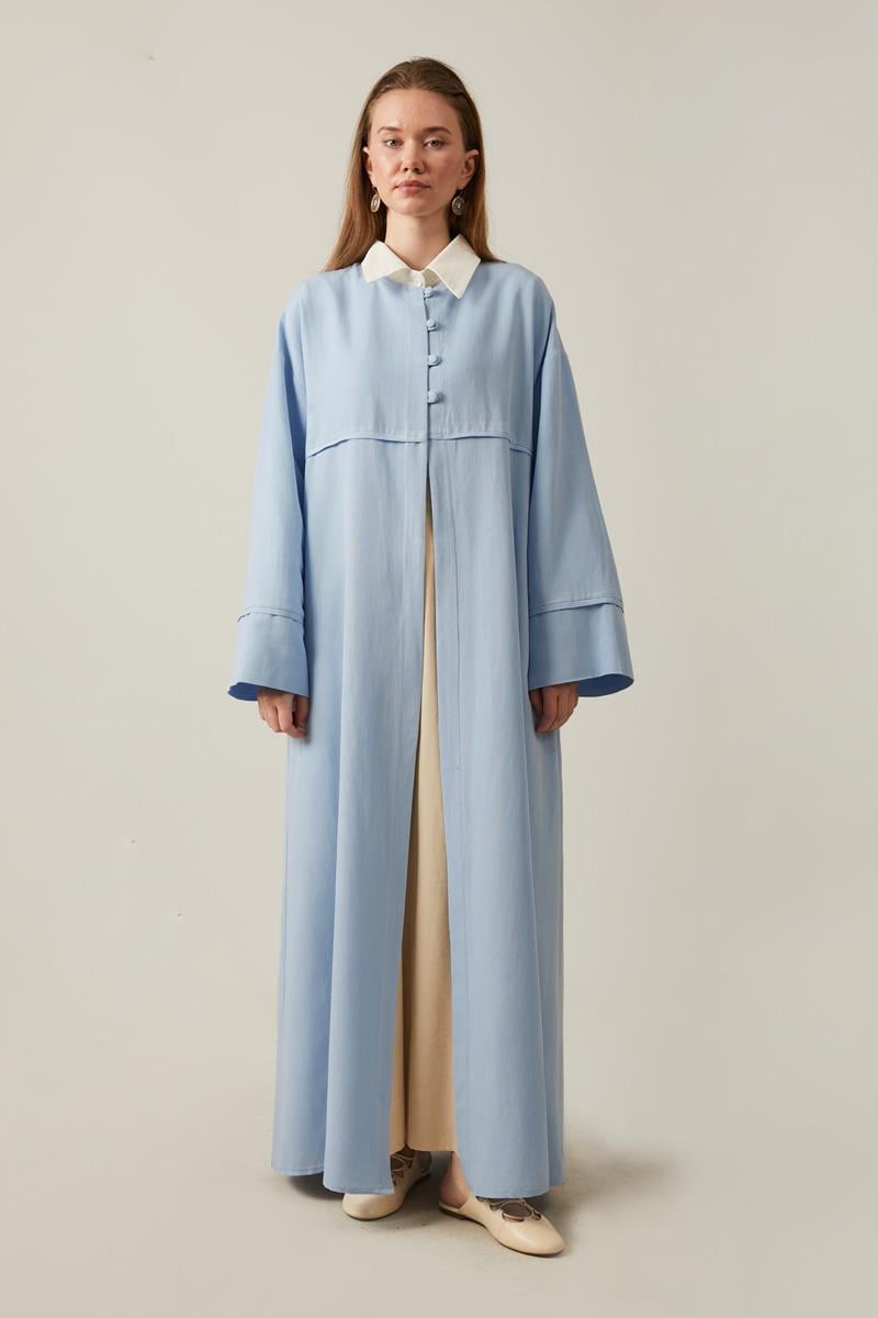 Düğmeli Keten Abaya Bebe Mavisi