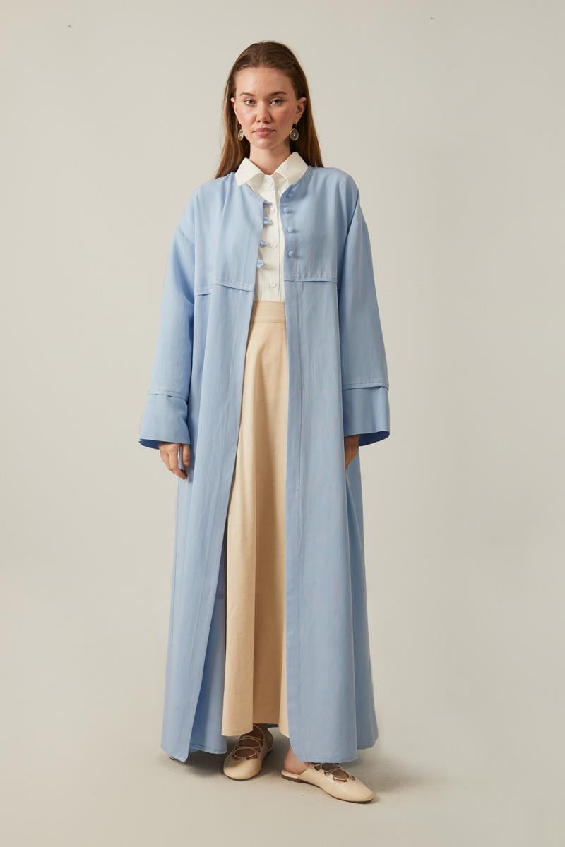Düğmeli Keten Abaya Bebe Mavisi