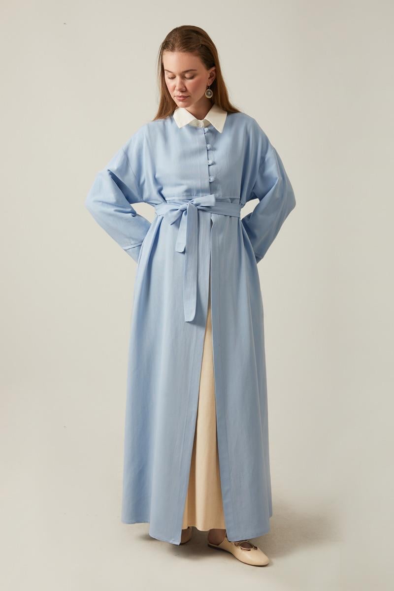 Düğmeli Keten Abaya Bebe Mavisi