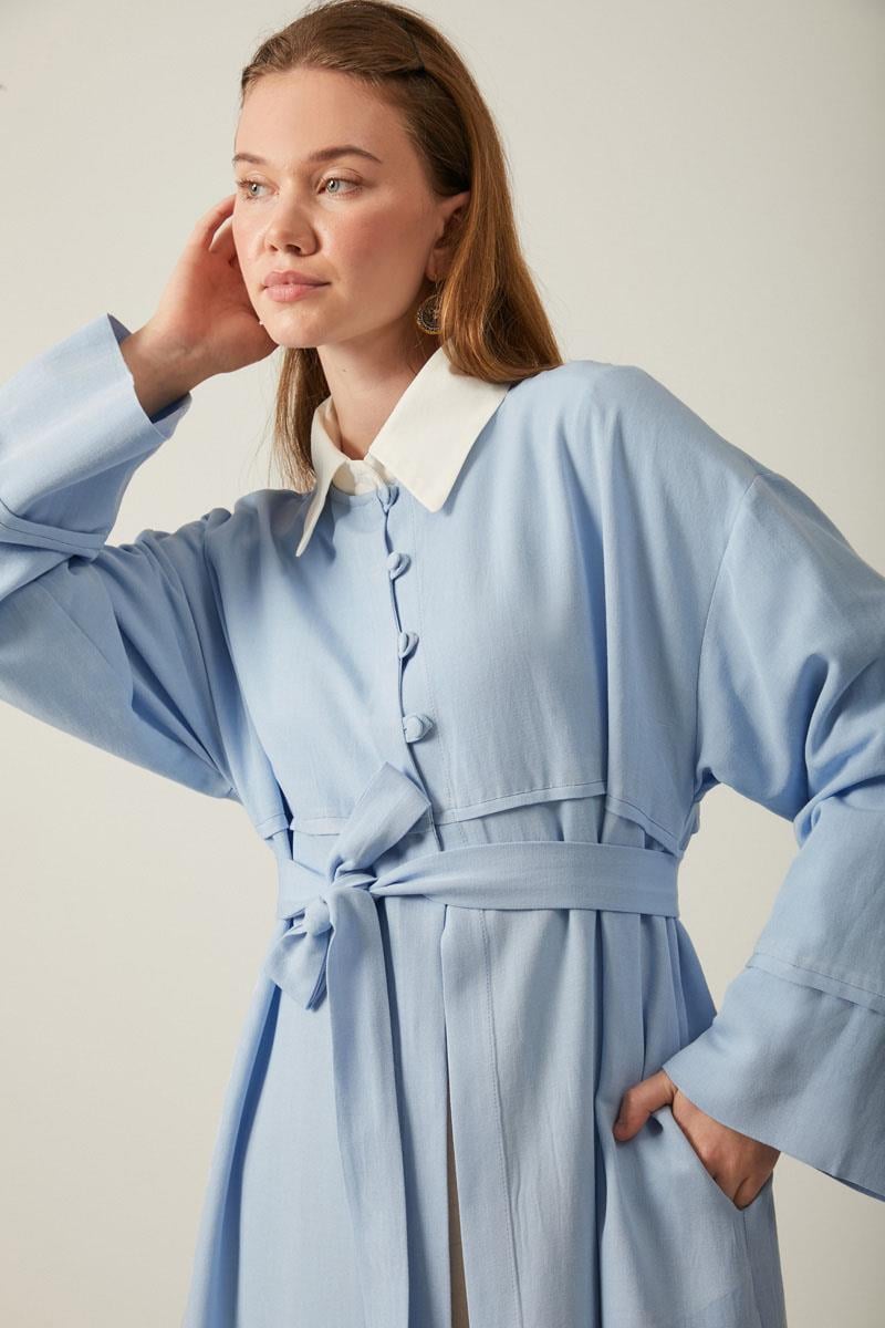 Düğmeli Keten Abaya Bebe Mavisi