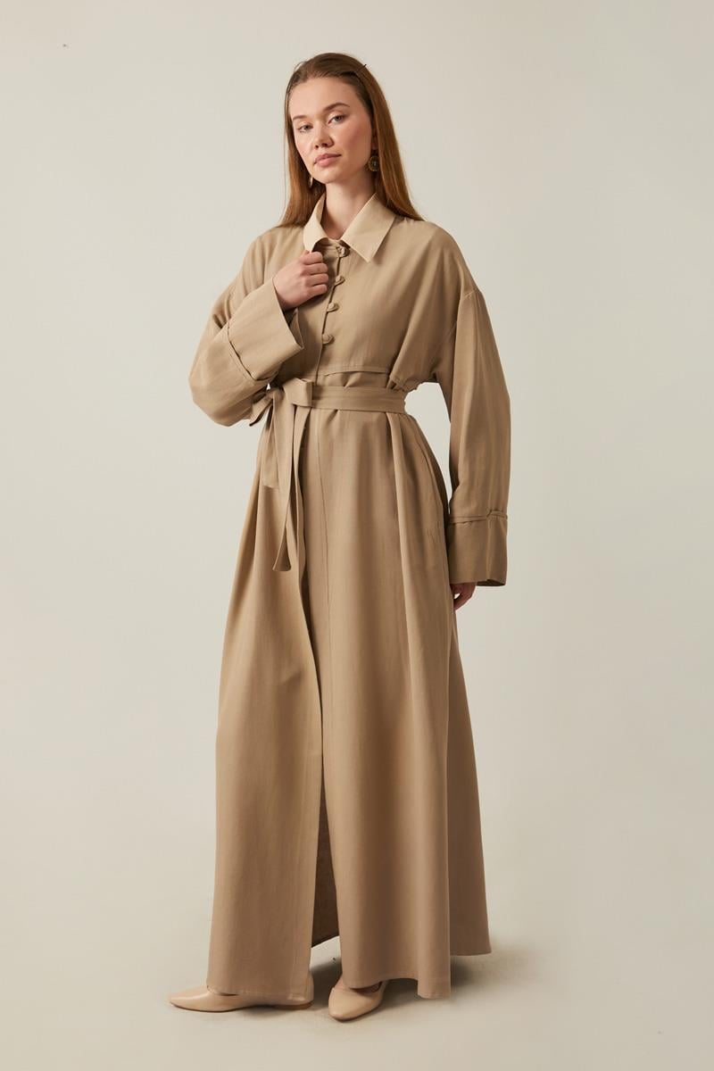 Düğmeli Keten Abaya Camel