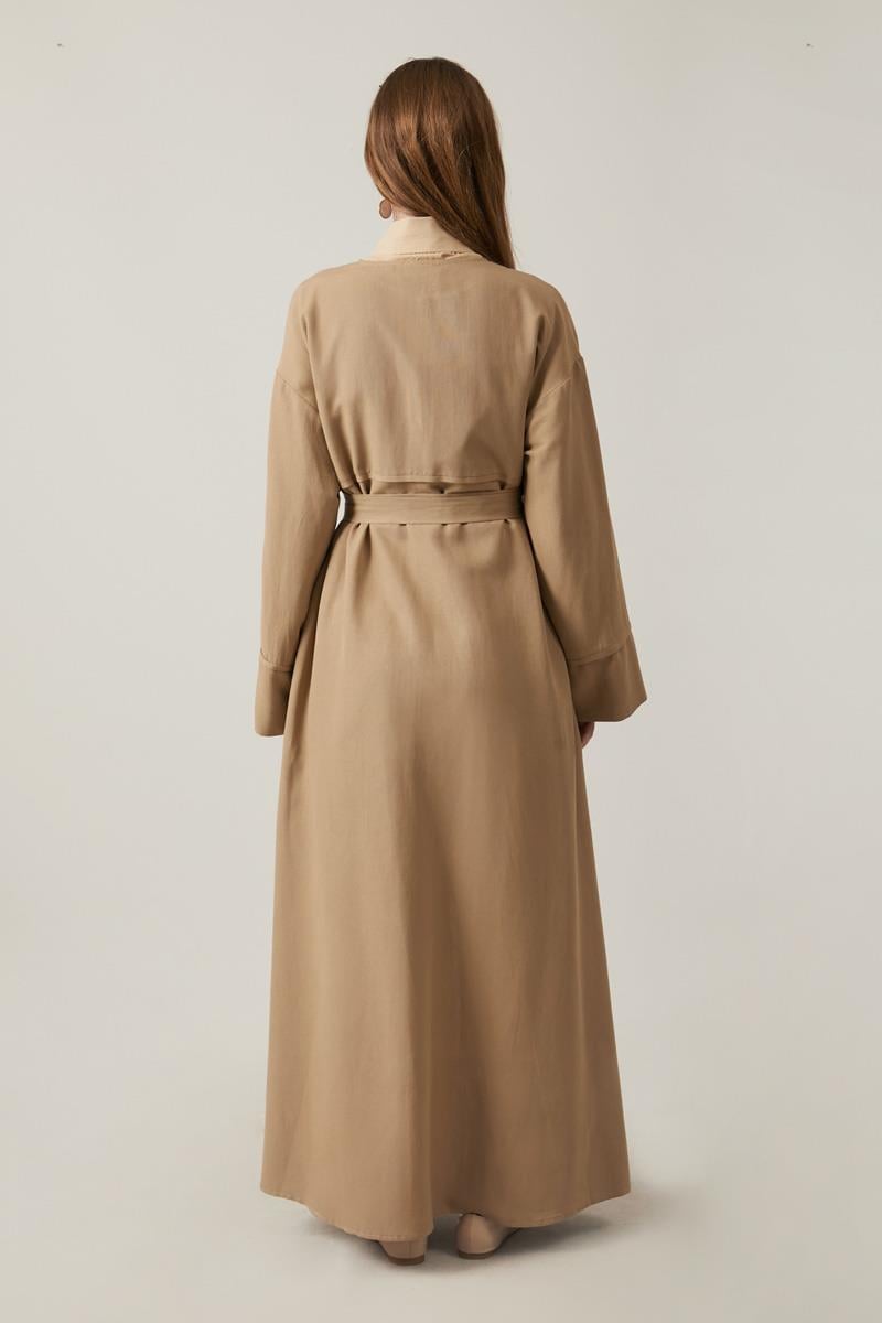Düğmeli Keten Abaya Camel