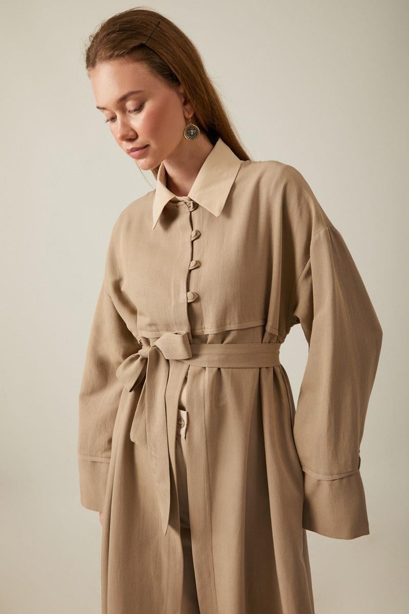 Düğmeli Keten Abaya Camel