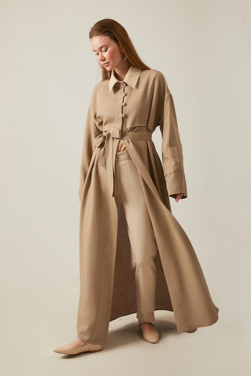 Düğmeli Keten Abaya Camel