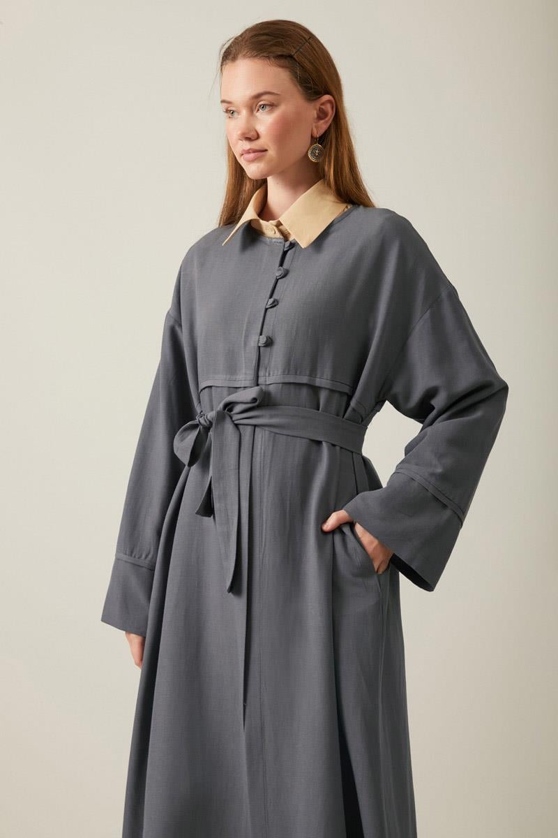 Düğmeli Keten Abaya Füme