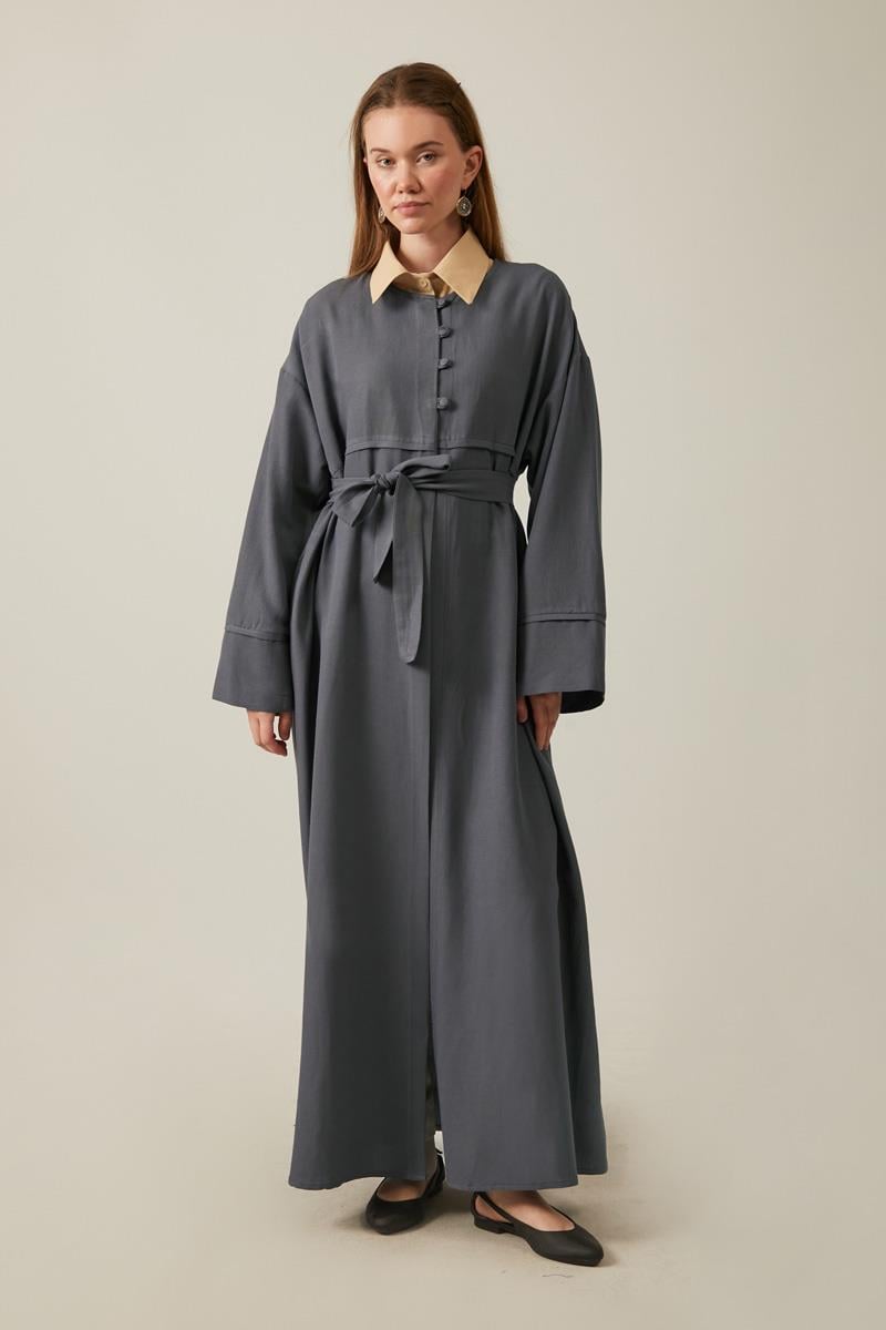 Düğmeli Keten Abaya Füme