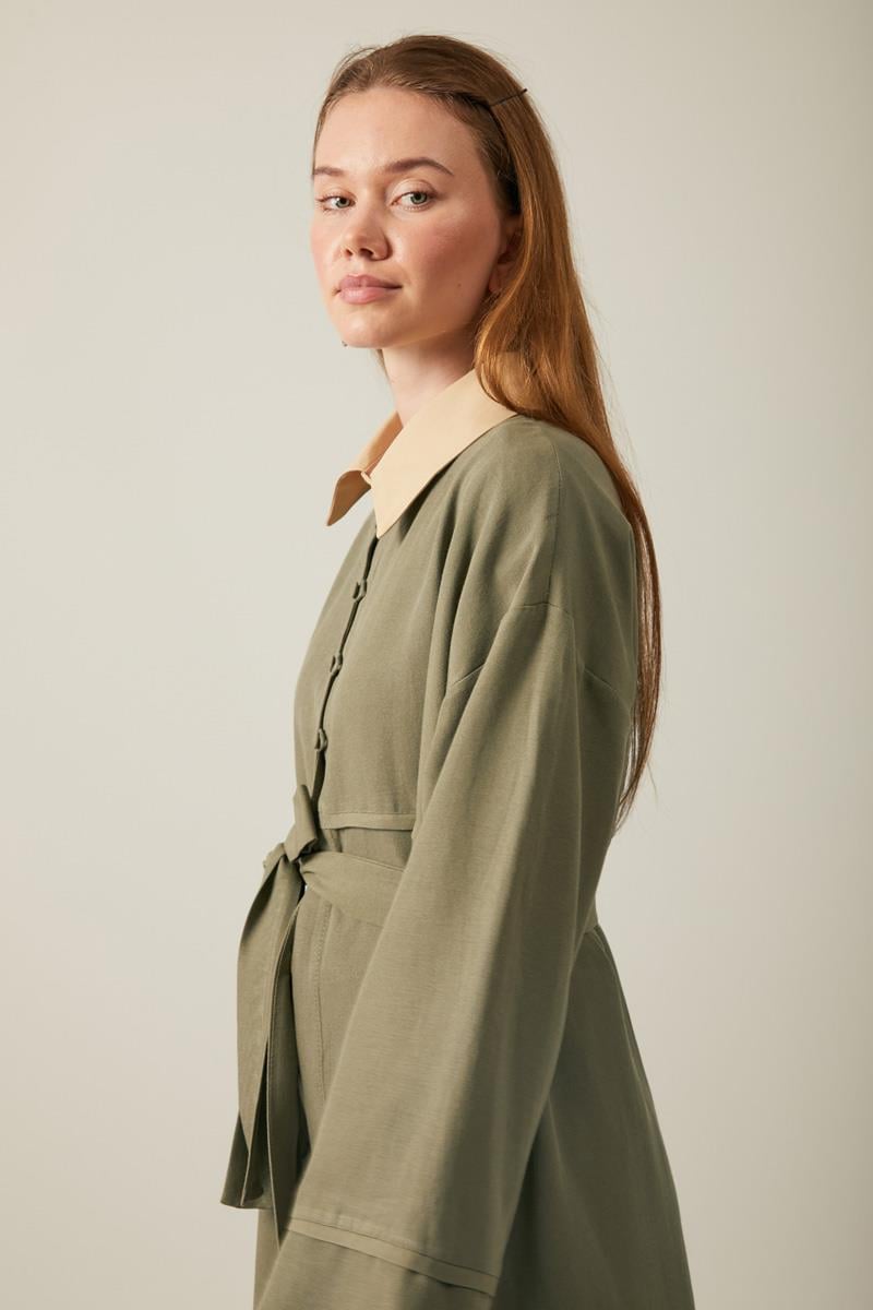 Düğmeli Keten Abaya Haki