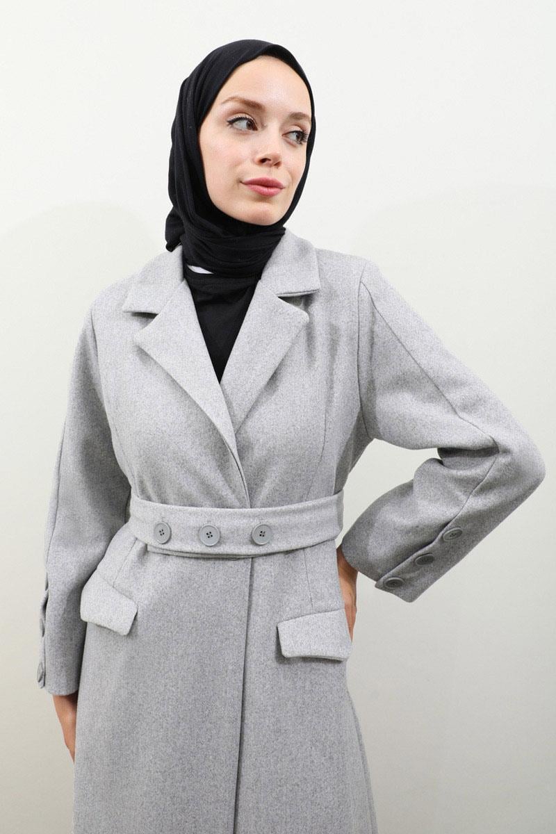 Düğmeli Klasik Kaban Gri