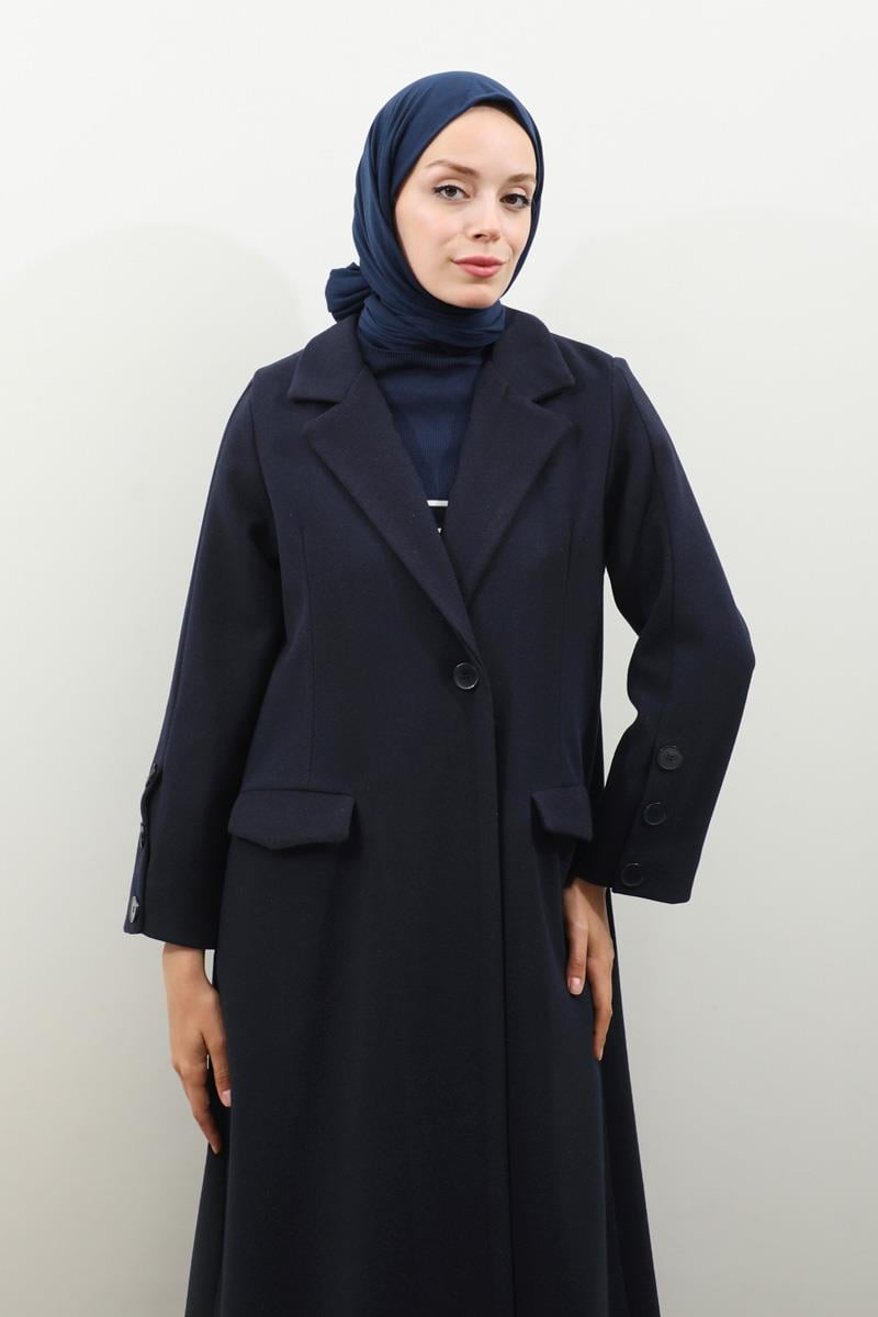 Düğmeli Klasik Kaban Lacivert