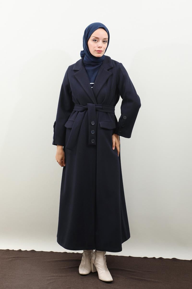 Düğmeli Klasik Kaban Lacivert