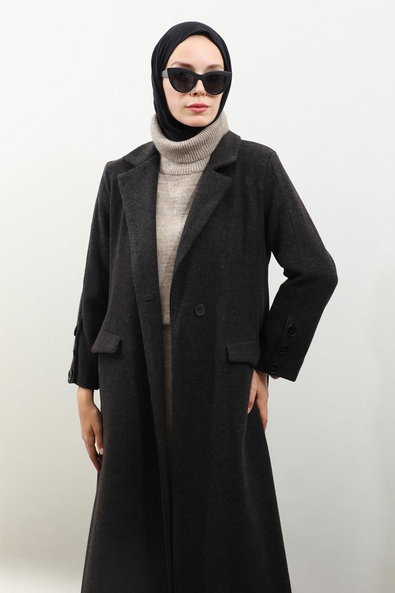 Düğmeli Klasik Kaban Siyah