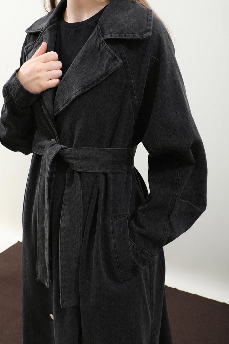 Düğmeli Salaş Denim Trençkot Siyah