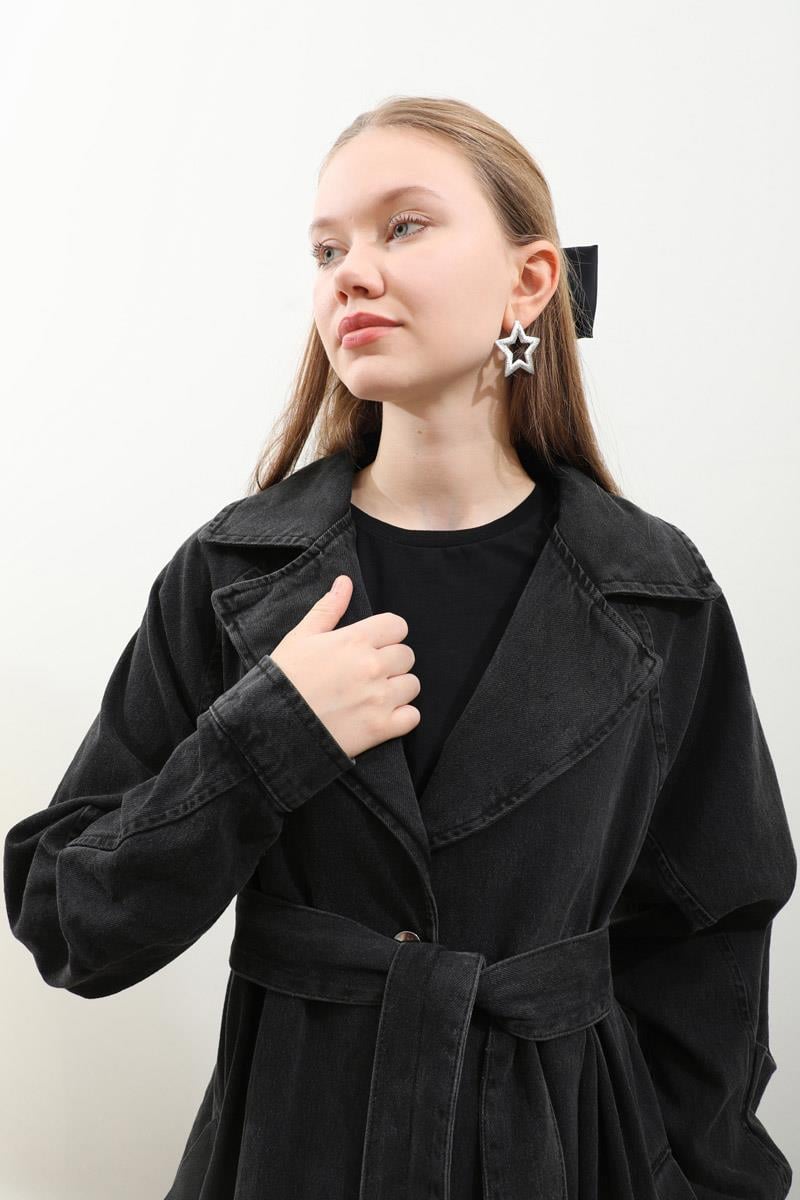 Düğmeli Salaş Denim Trençkot Siyah