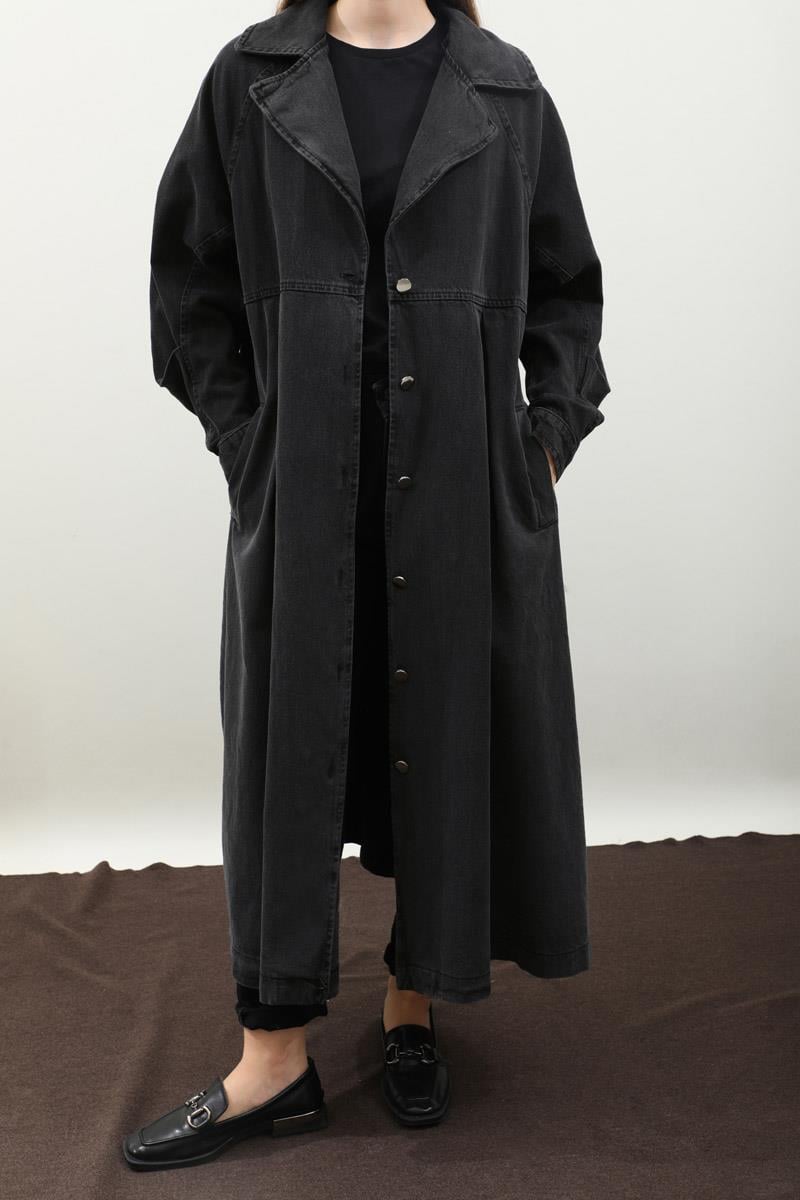 Düğmeli Salaş Denim Trençkot Siyah