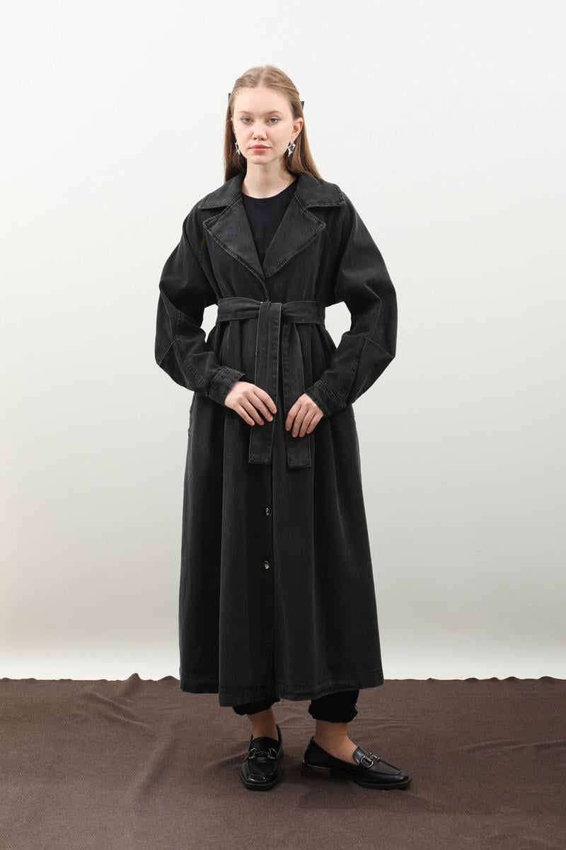 Düğmeli Salaş Denim Trençkot Siyah