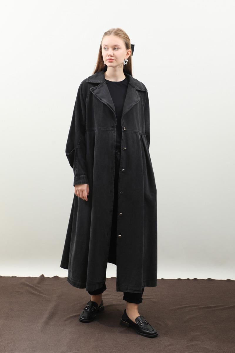 Düğmeli Salaş Denim Trençkot Siyah