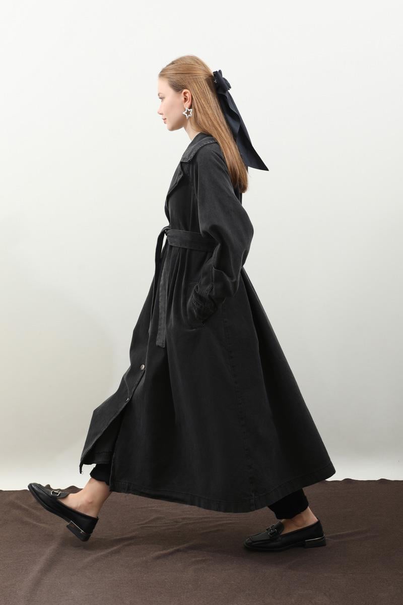 Düğmeli Salaş Denim Trençkot Siyah