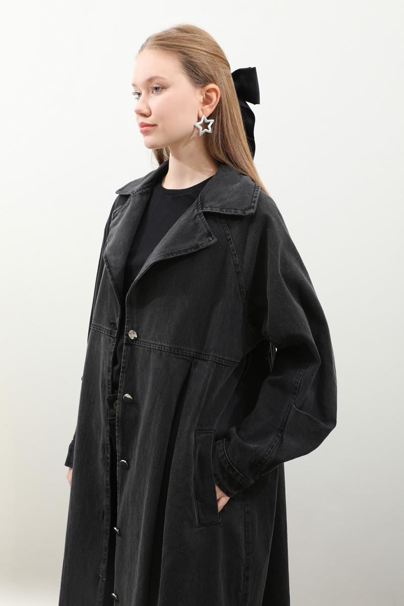 Düğmeli Salaş Denim Trençkot Siyah