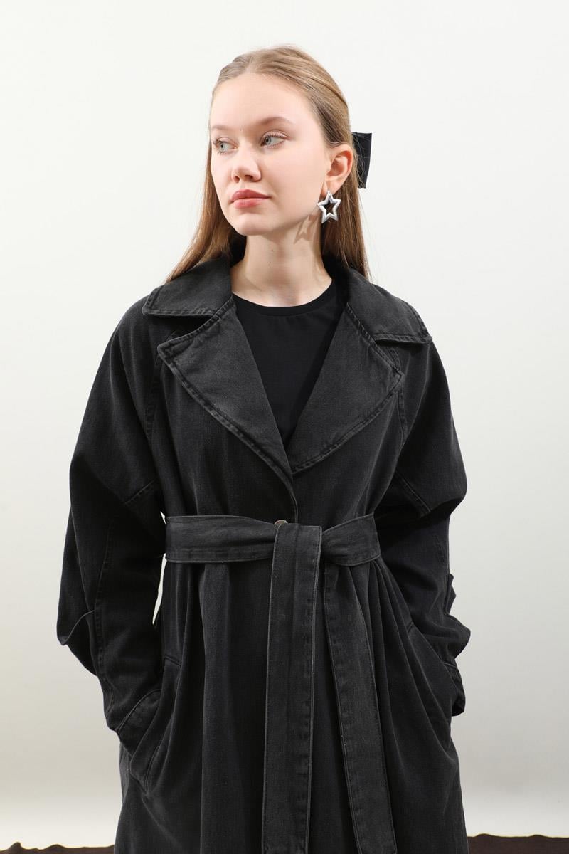 Düğmeli Salaş Denim Trençkot Siyah