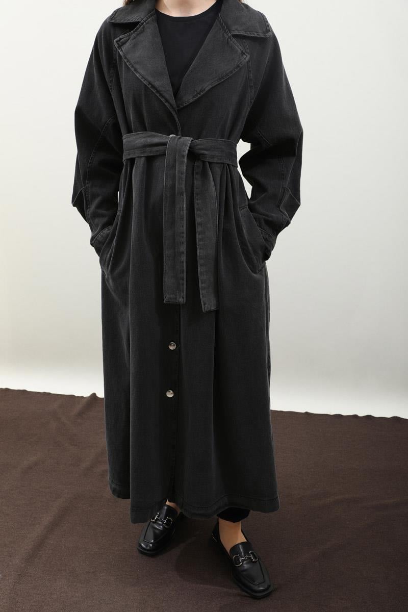 Düğmeli Salaş Denim Trençkot Siyah