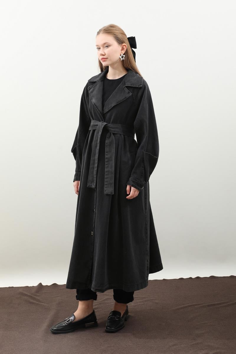 Düğmeli Salaş Denim Trençkot Siyah