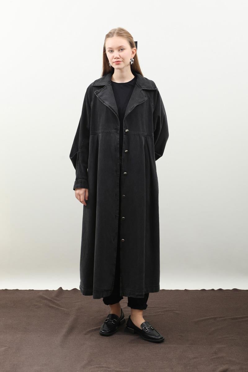 Düğmeli Salaş Denim Trençkot Siyah