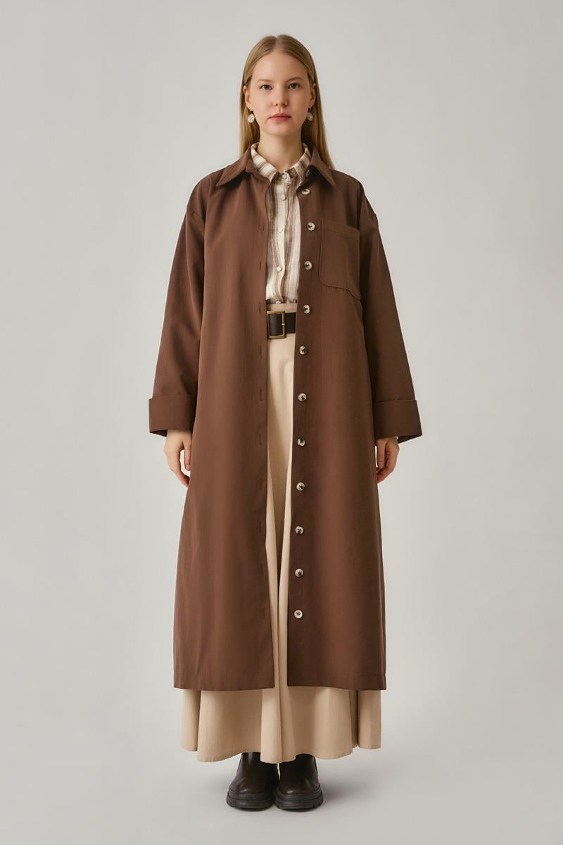 Düğmeli Uzun Trençkot Kahverengi