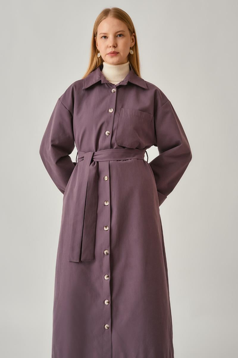 Düğmeli Uzun Trençkot Koyu Mürdüm