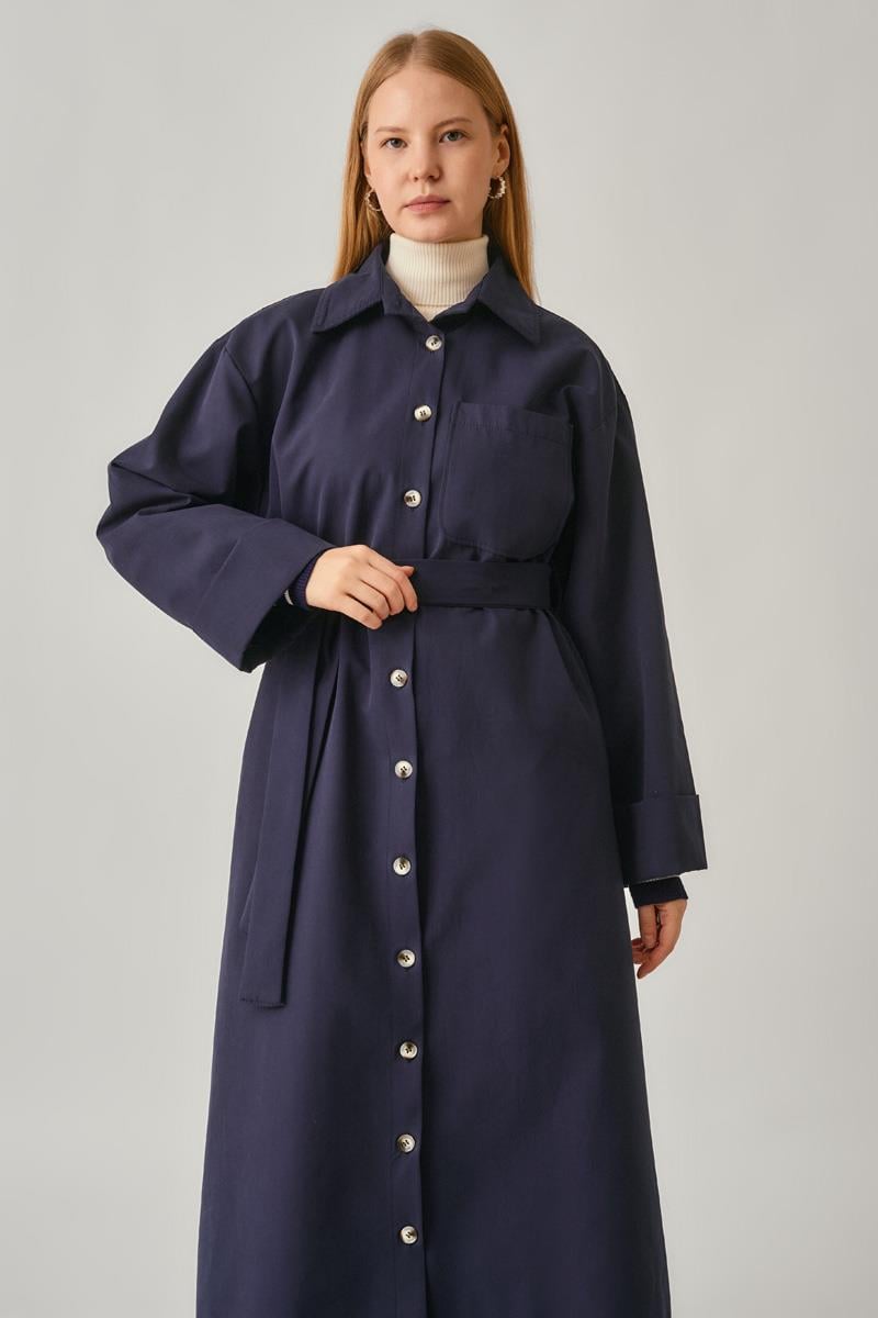 Düğmeli Uzun Trençkot Lacivert