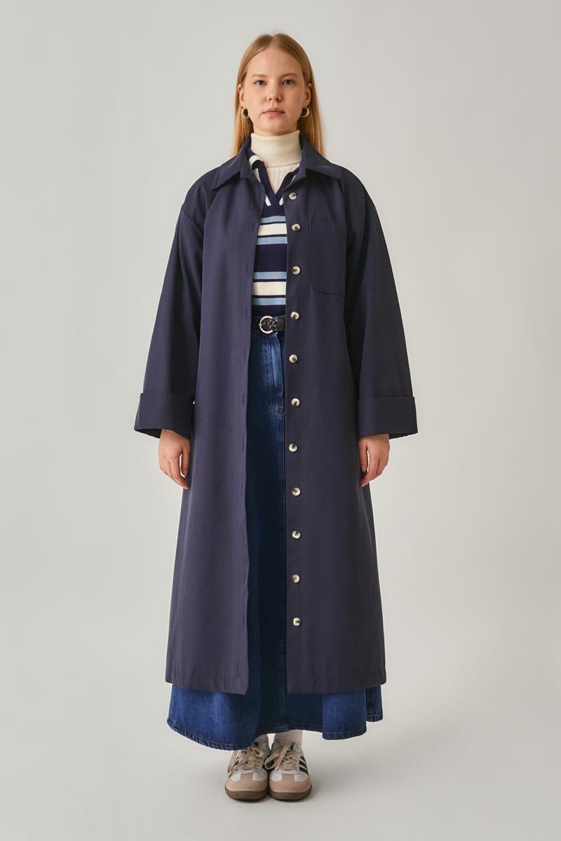 Düğmeli Uzun Trençkot Lacivert