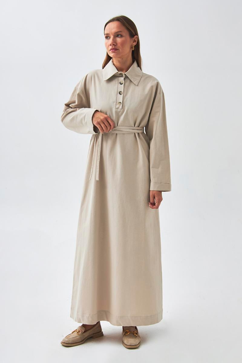 Düşük Kol Düğmeli Elbise Taş